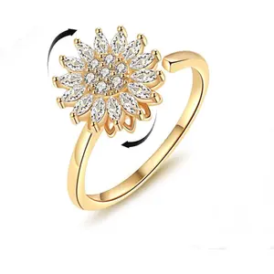 Sunflower Spinning Fidget Ring for Women & Men, Gold Tone Zircon Crystal Sunflower Open Adjustable Ring, Anxiety Relief Fashion Jewelry