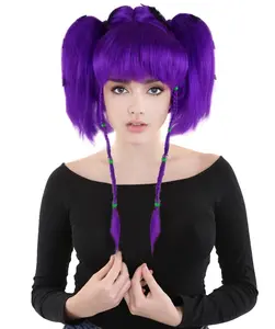 HPO  Adult Women's Bat Angel Pigtail Wig with Bangs and Beaded Braid, Neon Purple, Halloween Wig