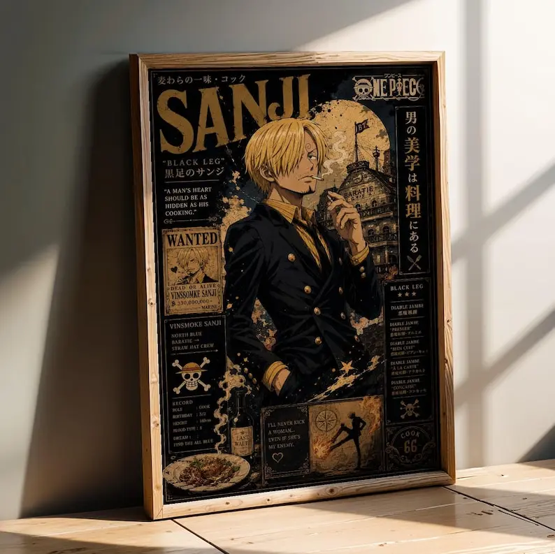 Sanji Art Print - Vintage Grunge, Black and Gold, Tan Distressed Typography, Home Decor