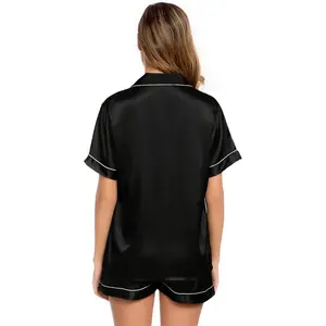 Womens Silk Satin Pajamas Short Sleeve Loungewear Two-Piece Sleepwear Button-Down Pj Set Womenswear Homewear Basic Black-03 Matching Elegant Lightweight Bridal