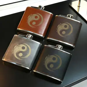 Tai Chi Yin Yang Design Leather Flask, Stainless Steel & Leather Portable Liquor Flask, Compact Reusable Drinking Flask, Suitable for Whiskey, Bourbon, Liquor, Travel-Friendly Pocket Flask, Perfect Gift for Zen/Oriental Culture Lovers