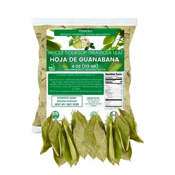 Yerbero - Whole Dried Graviola Soursop Leaves (4 oz - 330+ Leaves Per Bag) Hoja De Guanabana, All Natural Delicious Fresh Tea | From Mexico | Premium Wildcrafted Quality.