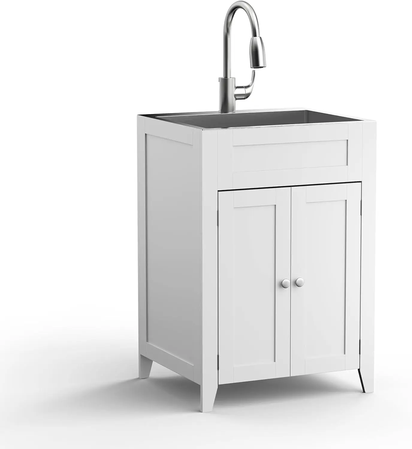 VINGLI 24-Inch Laundry Sink with Cabinet and Pull-Out Sprayer Faucet, Stainless Steel Utility Sink with Cabinet, White Cabinet with Sink for Laundry & Utility Room, Kitchen, Bathroom, Basement