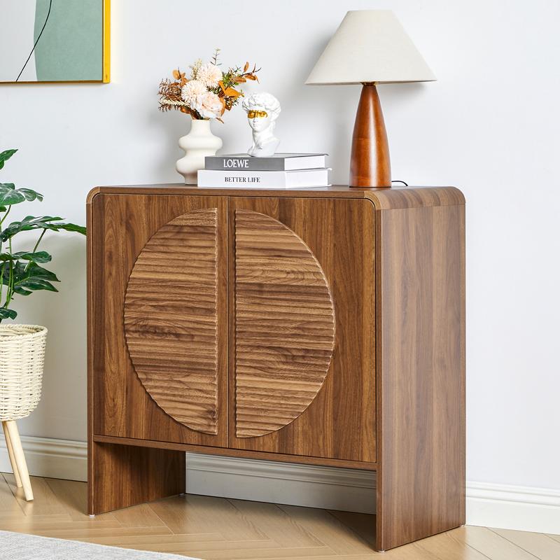 Giratree Mid-Century Fluted Wood Sideboard Buffet – 31" Curved Storage Cabinet with Round Textured Doors & Adjustable Shelves, Brown Accent Credenza for Living Room or Kitchen