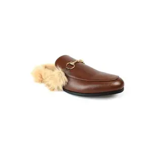 Slip On Mens Brown Leather Backless Shoes With Fur Loafers Mule With Gold Buckle By AZARMAN