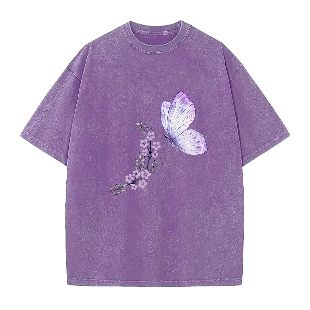 Women's Casual Cotton T-Shirt with Botanical Butterfly Graphic, Lightweight Seamless Round Neck Nature Aesthetic Top