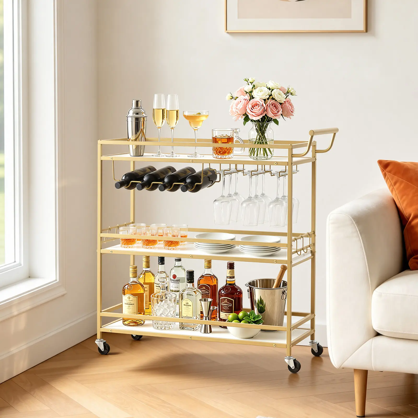 VEVOR Gold 3-Tier Rolling Bar Cart Organiser, Compact Iron Frame Utility Station with 20kg Capacity, Wooden Shelf, Wine Rack, Glass Holder, Rolling Wheels for Home Kitchen, 35.83x12.99x36.81in#BacktoSchool