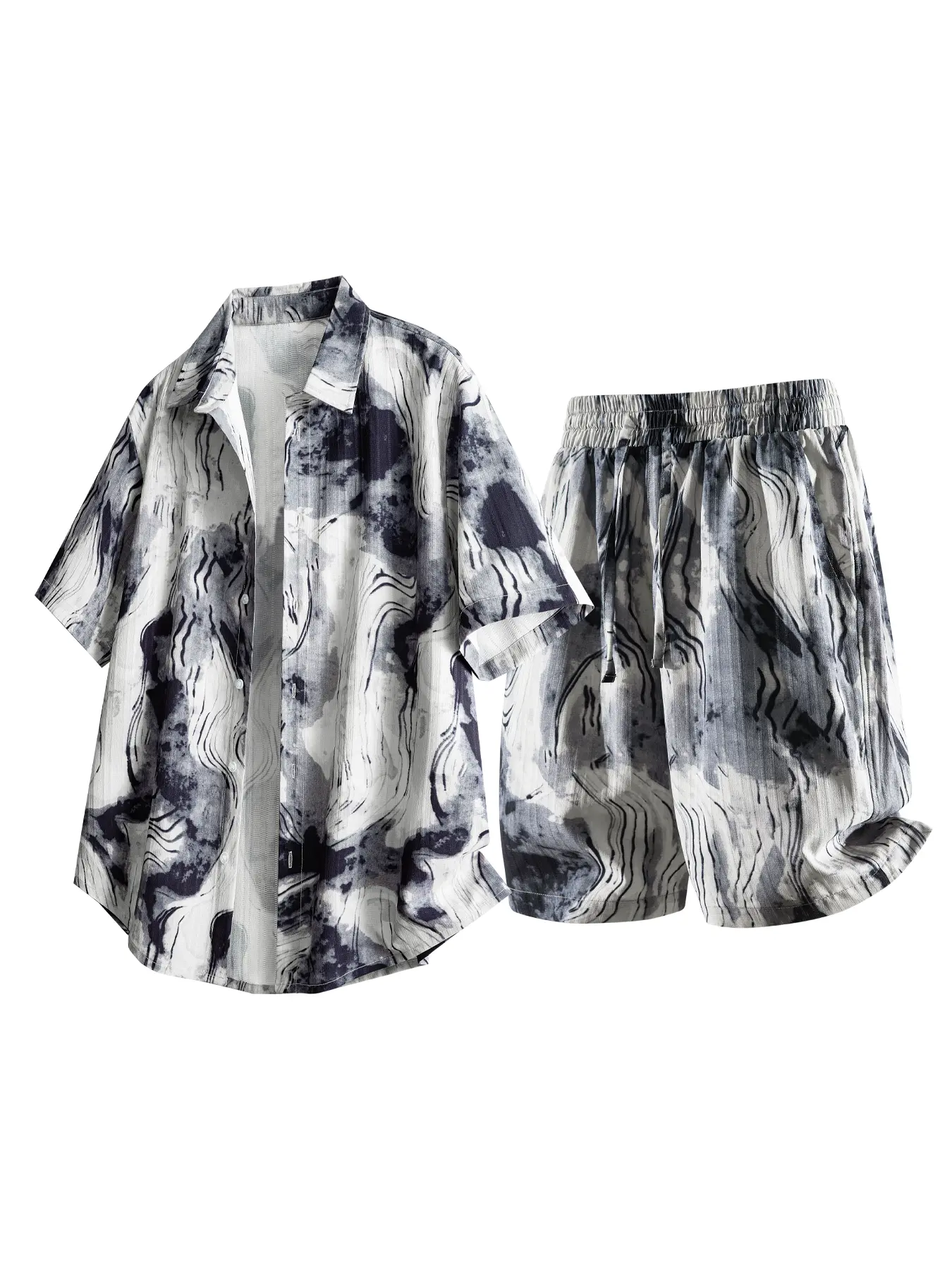 Men’s set: tie-dye short-sleeve shirt and shorts set with a loose fit and trendy print. Unisex design—same style for men and women. A casual, versatile two-piece set featuring a button-front short-sleeve shirt paired with pocketed shorts,  Menswear