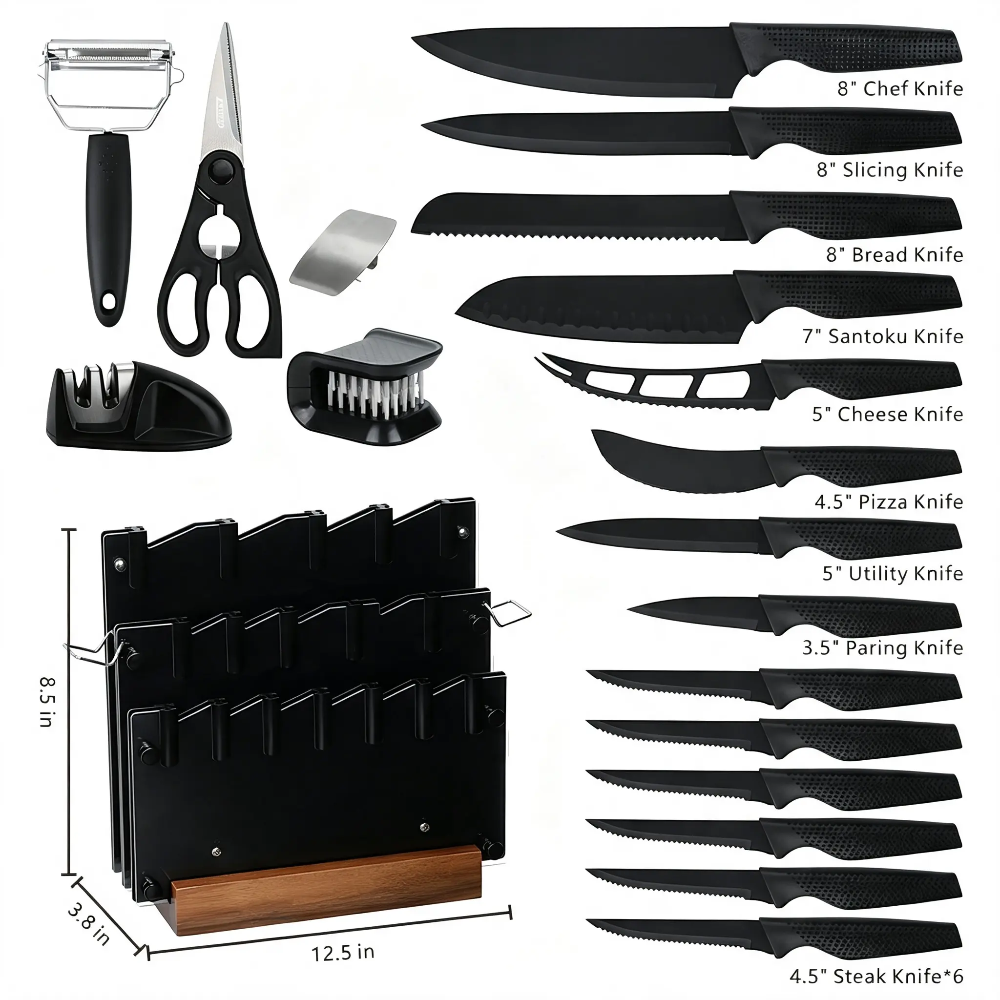 20pc Non-Stick Stainless Steel Kitchen Knives Block Set - Ergonomic Pakkawood Handle, Chef Tool, Small Cleaver, Meat Cleaver, Paring Tool, Scissors, Magnetic Safe Lock, Gift Box Included for Cooking, Outdoor Use german cutleryset acrylic plastic