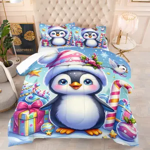 Penguin Snow Play Joyful Style Quilt/Comforter Set (2/3 Pcs) Contains 1 Quilt/Comforter + 1/2 Pillowcases No Filler, Winter Penguin Snow Play Elements, Fluffy & Warm, Suitable for Girls, Teenagers & Gift Recipients, Fits Bedrooms, Dorms & Winter Rooms