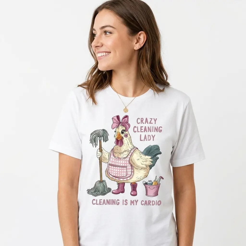 Crazy Cleaning Lady Tee 100% Cotton White S-3XL Sweat-wicking Comfy Women Housework Chore