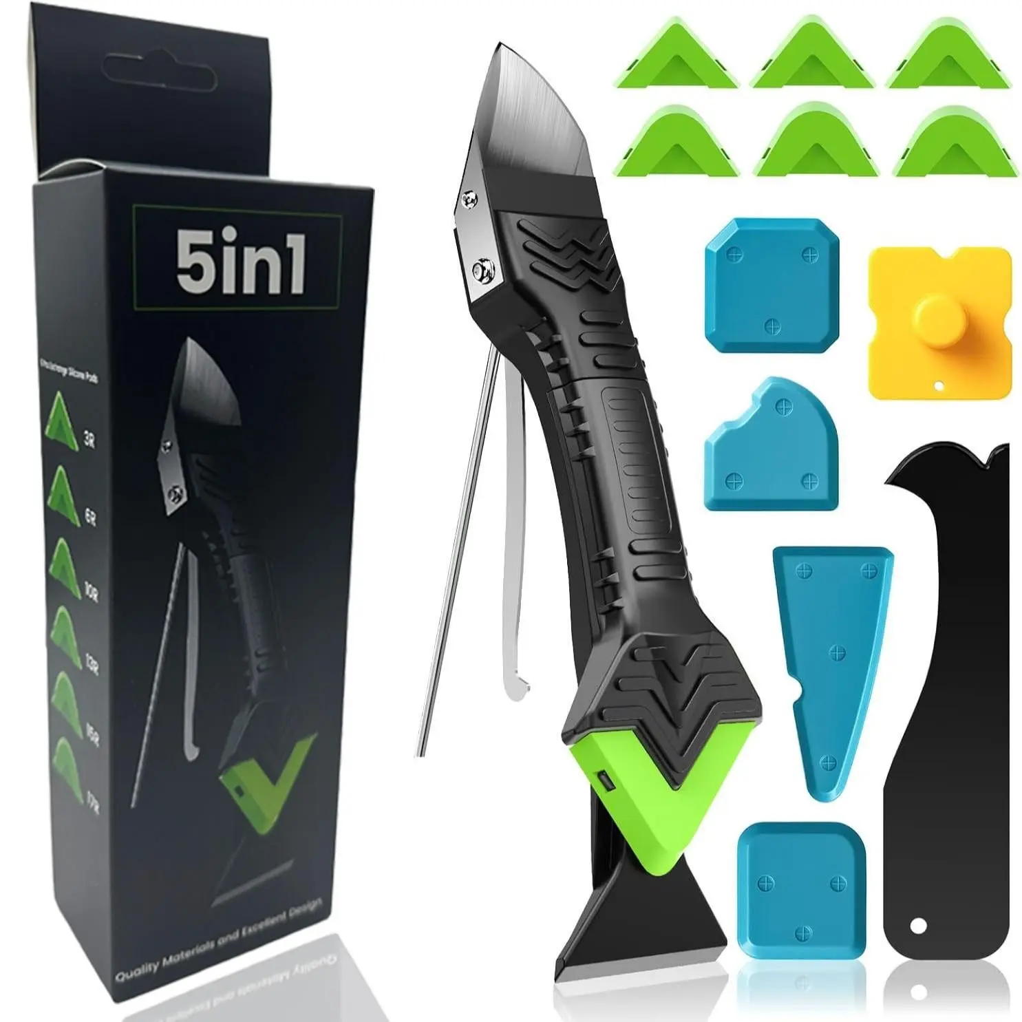 5 in 1 Silicone Caulking Tool Kit Sealant Finishing Tool Caulk Remover Scraper with 6 Replacement Pads