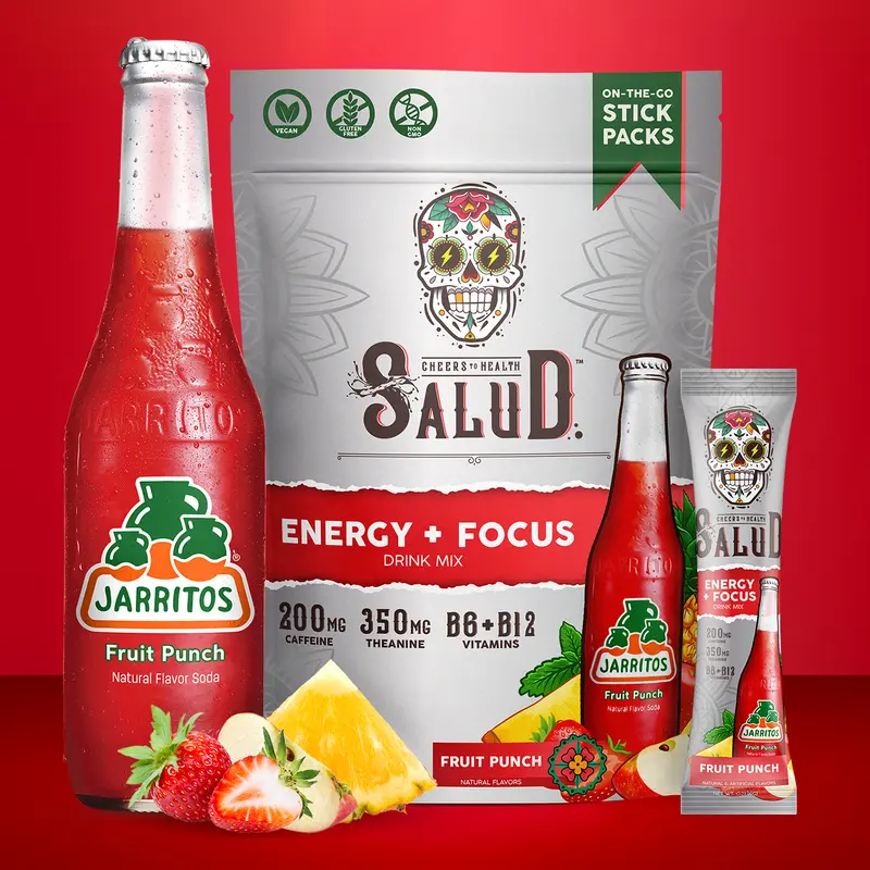 Salud x Jarritos 2-in-1 Energy Drink Powder + Focus, Fruit Punch, Organic Caffeine, B6 + B12, Theanine, Clean Energy Drink Packets, Non-GMO, Gluten Free, Vegan, 1g of Sugar, (15 Servings)