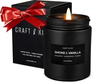 Craft & Kin Premium Smoke & Vanilla Candle | Black Christmas Scented Candles for Men | Long Lasting with 45 Hour Burn Time, 7.6Oz | Soy Holiday Candle | Aromatherapy at Home | Gifts for Men