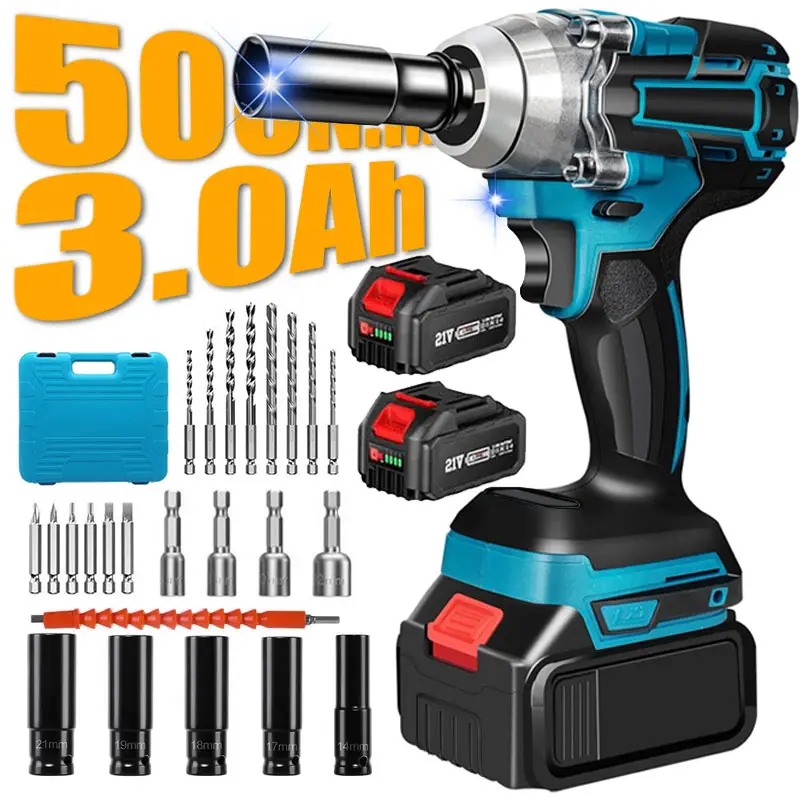 Cordless Impact Wrench,500N.m 1/2" Brushless Impact Gun, 21V High Torque Power Impact Driver, 2x3.0Ah Batteries Electric Impact Motor Variable Speeds