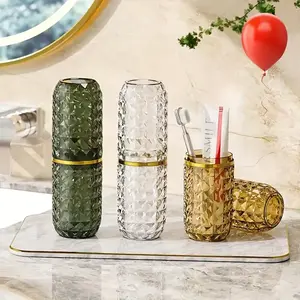 Household Couple Toothbrush Wash Cup with Diamond Pattern for Easy Access Luxury Student Dormitory Use Bathroom Storage Cup Double Cup Dark Green Organizer