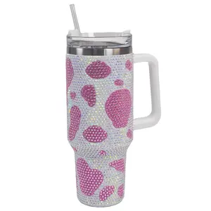 Cupcupmore 40 oz Pink Cow Bling Rhinestone Stainless Steel Sippy Tumbler Glitter Vacuum Insulated Thermal Water Bottle with Straw & Lid &Handle,Sparkle Car Cup Holder,Keeps Cold 12 Hours Drinks,Coffee
