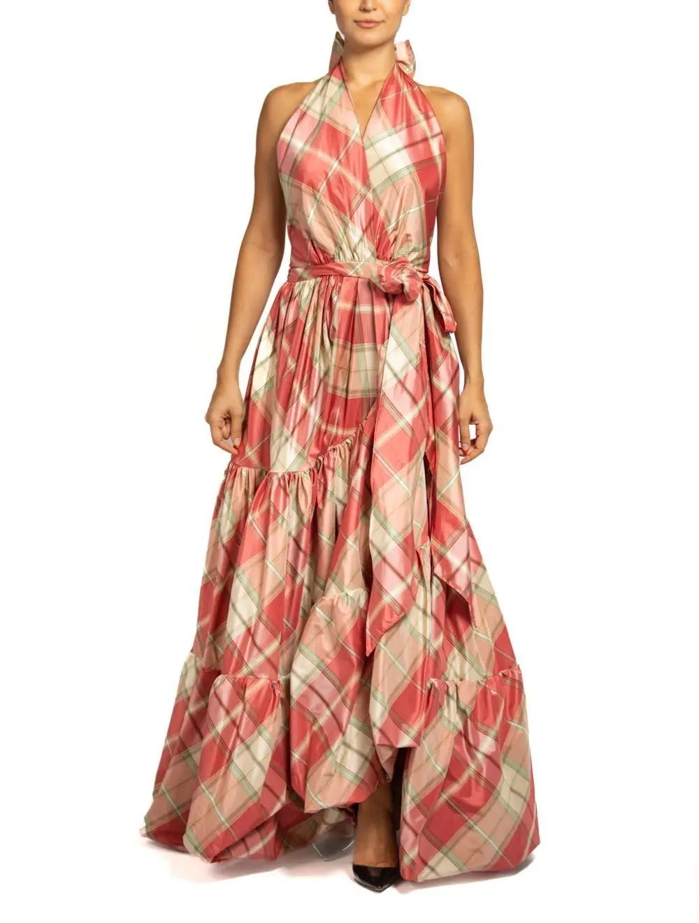 MORPHEW COLLECTION Pink & Aqua Silk Taffeta Plaid Gown