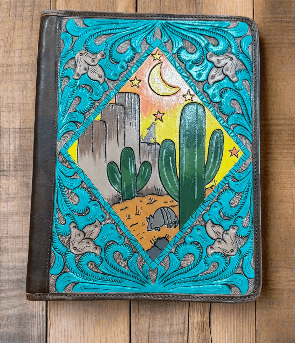 Hand-Tooled Full-Grain Leather Document Folder, Detailed Cactus & Sunset Southwest Art Western Style, Student Office Filing Organizer for Computers & Office Equipment Everyday Carry
