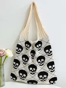 Niche design personality dark style skull jacquard knitted tote bag, trend fashionable handbag, retro hollow design shoulder handbag, versatile and multi-color optional, suitable for daily travel, shopping, etc.