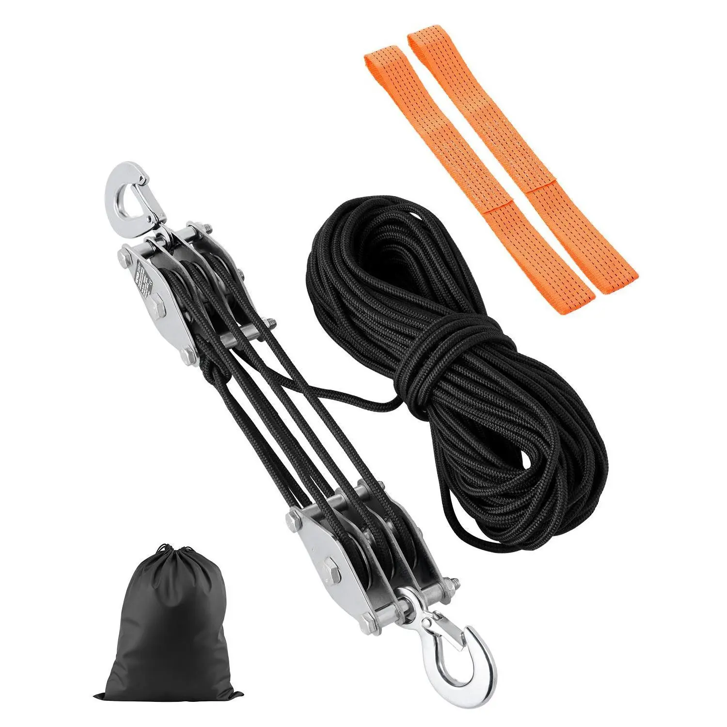 VEVOR Heavy Duty Galvanized Steel Block and Tackle Pulley Hoist, 4400 lbs Breaking Strength, 100 FT Rope, 5:1 Lifting Power, Metal Wheel Bearing Structure, 2-18in Soft Straps, Forged Lock Hooks, Storage Bag, for Boats, Tree Cutting, Construction Sites, 10