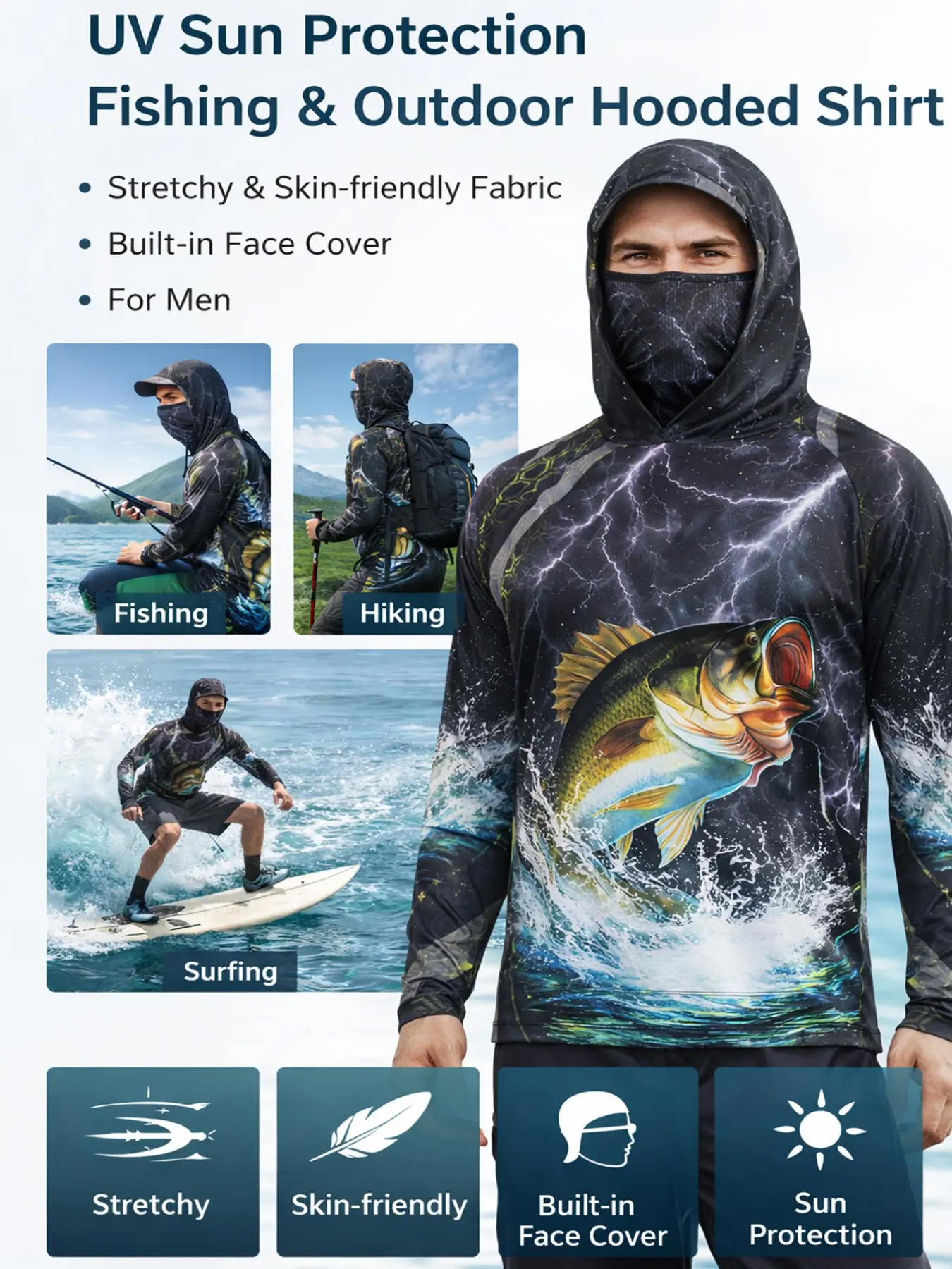 Men's Long Sleeve Hooded Fishing Shirt with Face Mask, Face Mask Included, Gradient Color Outdoor Fishing Clothing, Outdoor Fishing Wear, Outdoor Apparel, Sun Protection Fisherman, Premium Outdoor Apparel
