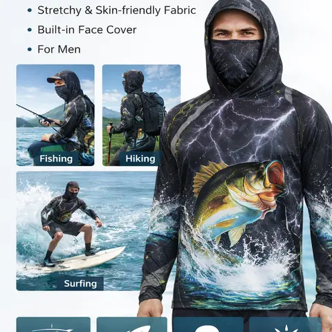 Men's Long Sleeve Hooded Fishing Shirt with Face Mask, Face Mask Included, Gradient Color Outdoor Fishing Clothing, Outdoor Fishing Wear, Outdoor Apparel, Sun Protection Fisherman, Premium Outdoor Apparel