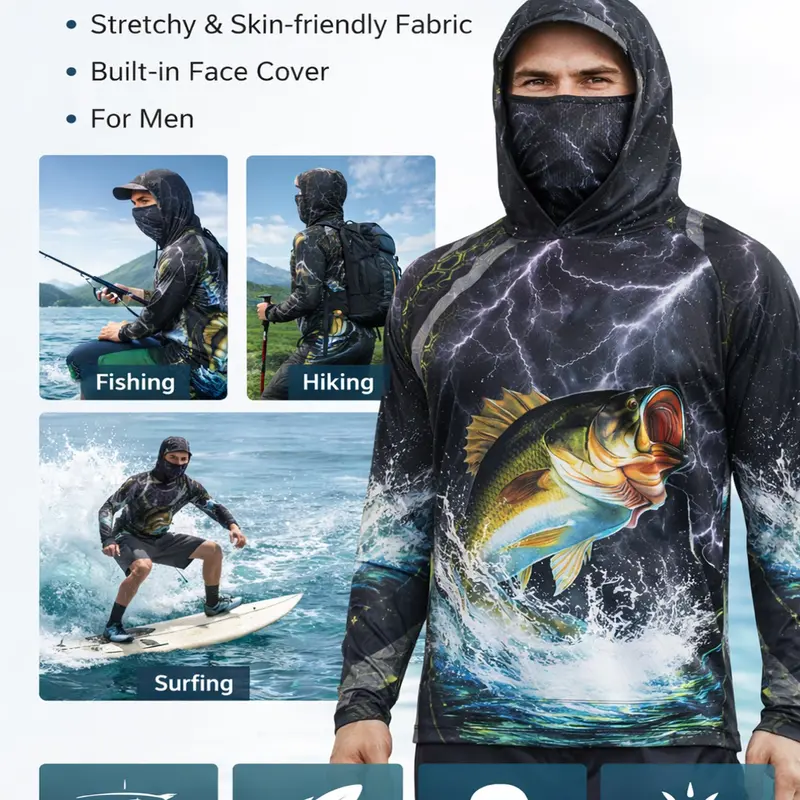 Men's Long Sleeve Hooded Fishing Shirt with Face Mask, Face Mask Included, Gradient Color Outdoor Fishing Clothing, Outdoor Fishing Wear, Outdoor Apparel, Sun Protection Fisherman, Premium Outdoor Apparel