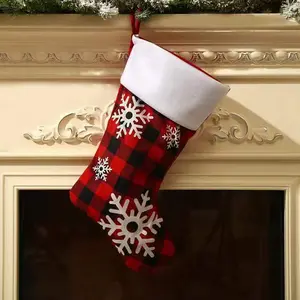 Christmas Stocking - Red Black Checkered Snowflake Design, Kids Holiday Candy Sock for Tree Decoration & Gift Giving Ornaments