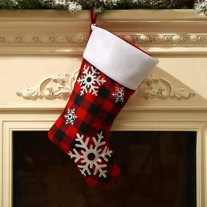 Christmas Stocking - Red Black Checkered Snowflake Design, Kids Holiday Candy Sock for Tree Decoration & Gift Giving Ornaments