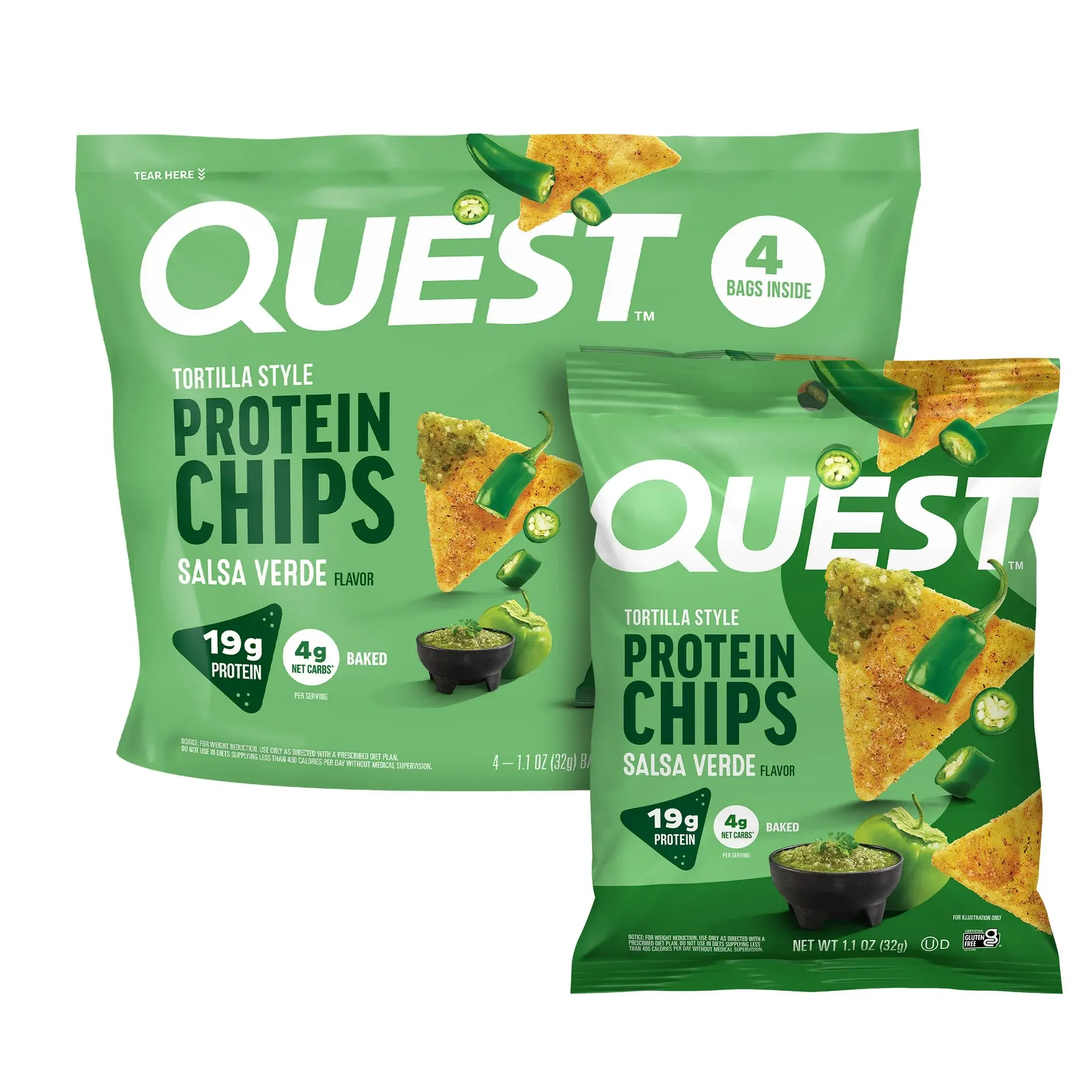 Quest Tortilla Style Protein Chips, Salsa Verde Flavored, Baked, 1.1oz, 4 Bags Snack Crispy