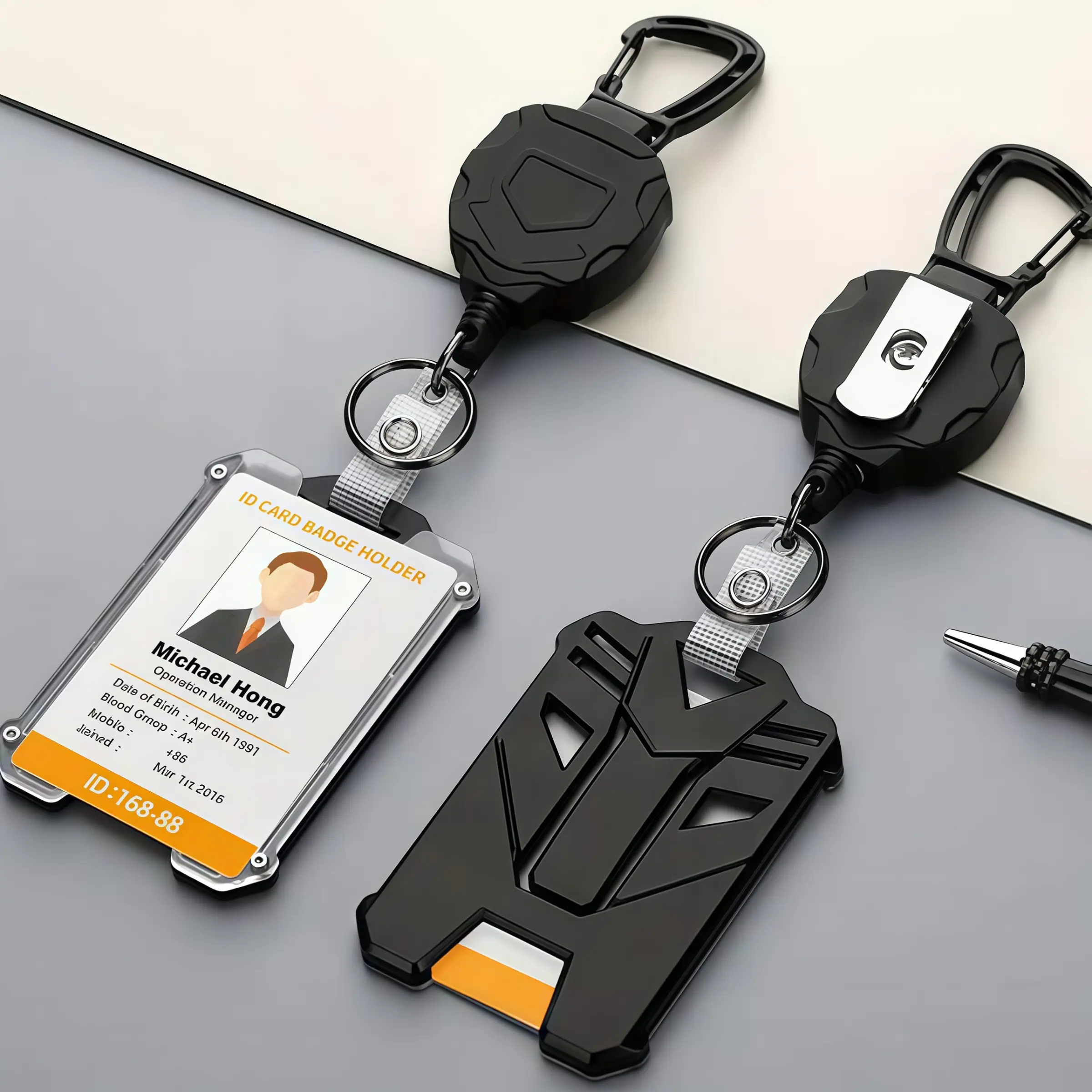 Outdoor Climbing Buckle ID Card Holder, Extensible Badge Reel Set with Keychain, Retractable Badge Reel, Portable Hard Plastic ID Case for Students and Employees