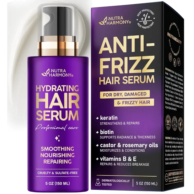 NUTRAHARMONY Hydrating Hair Serum For Frizzy, Dry and Damaged Hair - Leave-In Conditioner with Keratin | Biotin | Castor & Rosemary Oils | Vitamins B & E Treatment - Heat Protection - Paraben & Sulfate Free
