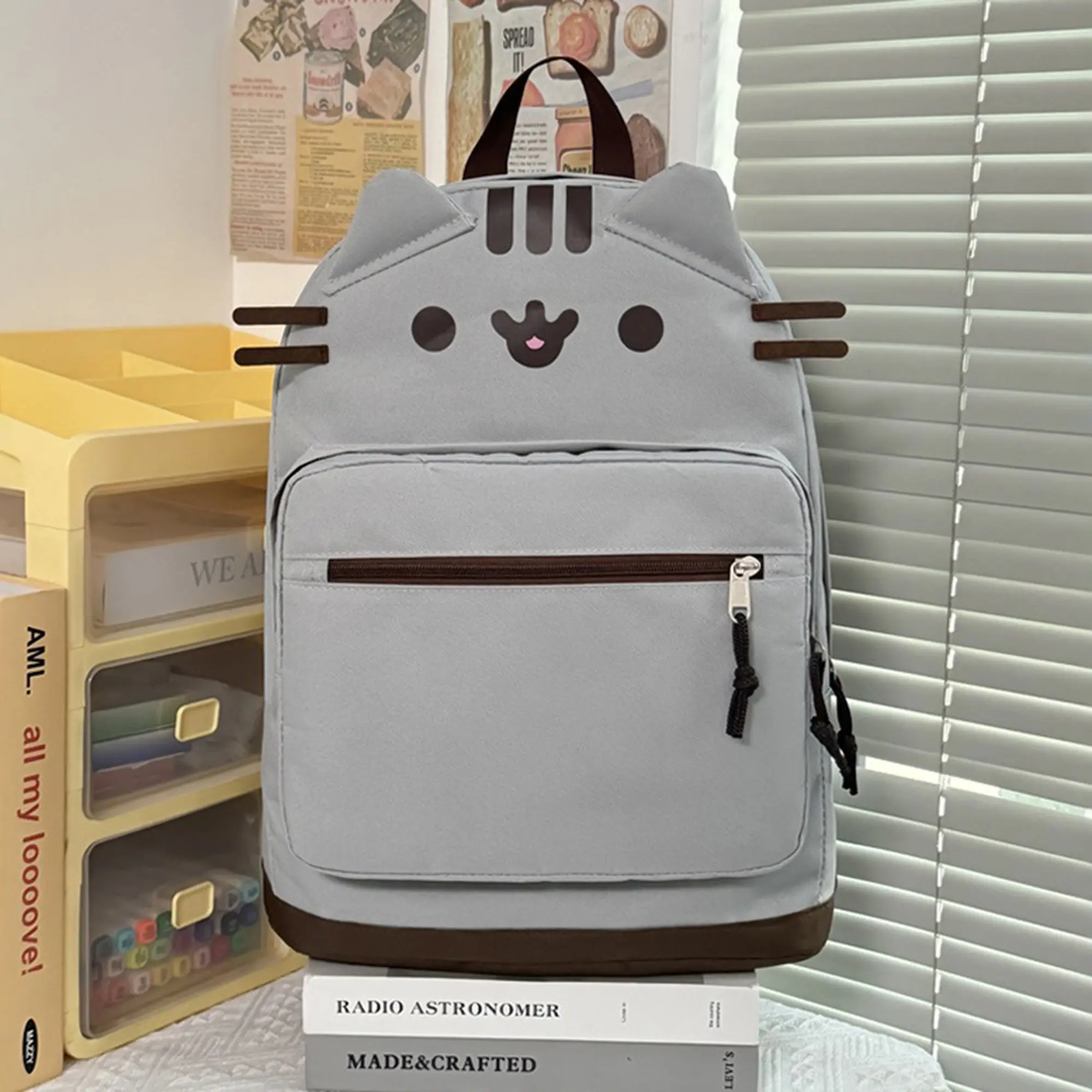 Pusheen Cat Backpack for Girls - 3D Cartoon Tabby Cat Ear Design, Large Capacity Kawaii Laptop Bookbag for Students, Casual Daily Travel Bag