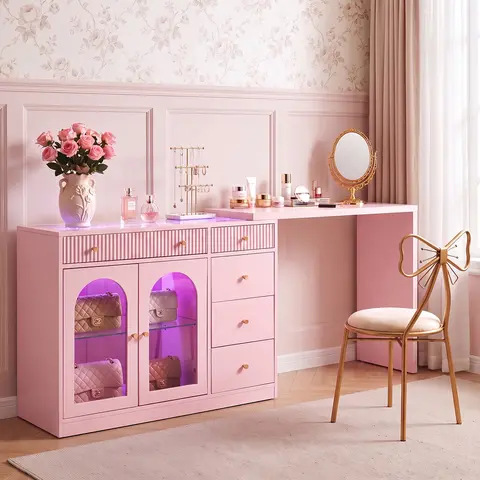 RoyalCraft 59''/75''/73'' Makeup Vanity Desk with Lights, Rotatable & Extendable Dressing Table with Tempered Glass Top, L-shpaed Corner Vanity Table with Drawers and Doors, Perfect for Bedroom, Dressing Room, Pink/Black/White/Beige
