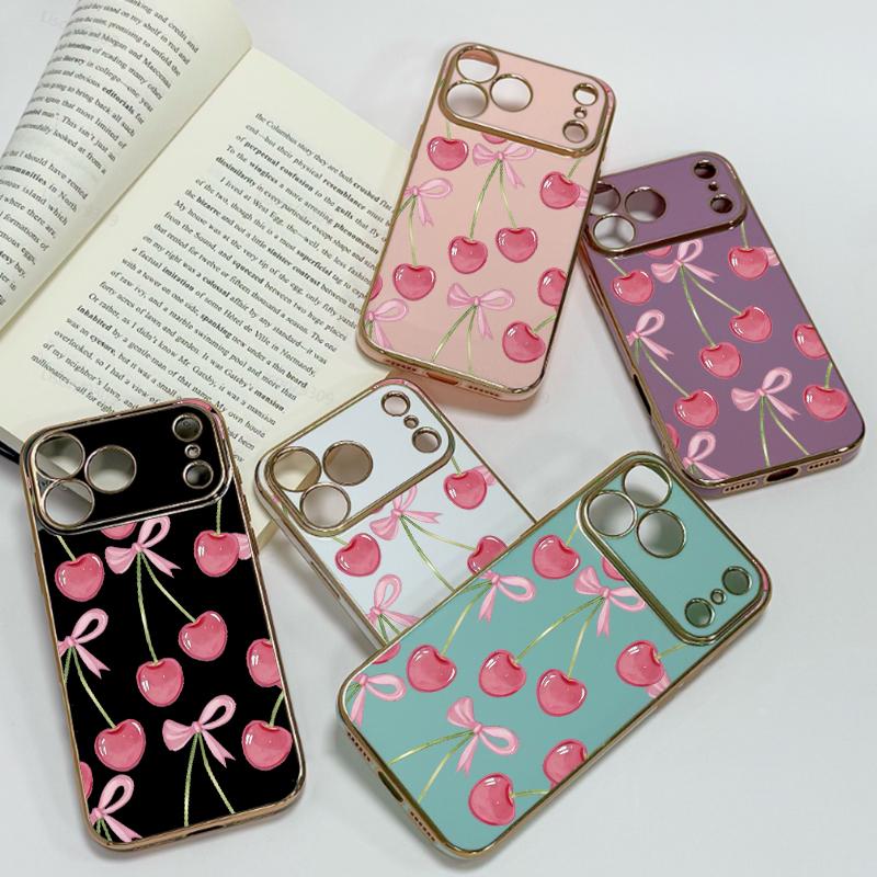 Juicy Pink Cherry Illustrations Phone Case Adding A Touch Of Fresh Romantic Charm To Your Daily Device Premium 6D Solid Color Electroplated With A Smooth Glossy Metal-Like Finish l For Iphone 17 16 15 14 13 12 11