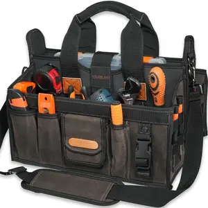20-Pockets Electrician Tool Tote, 16"-Wide Open Top Tool Tote, Waxed-Canvas Electrical Tools Bag, Heavy-Duty Tool Bags For HVAC Tech, Stay-Up Technician Tool Bag