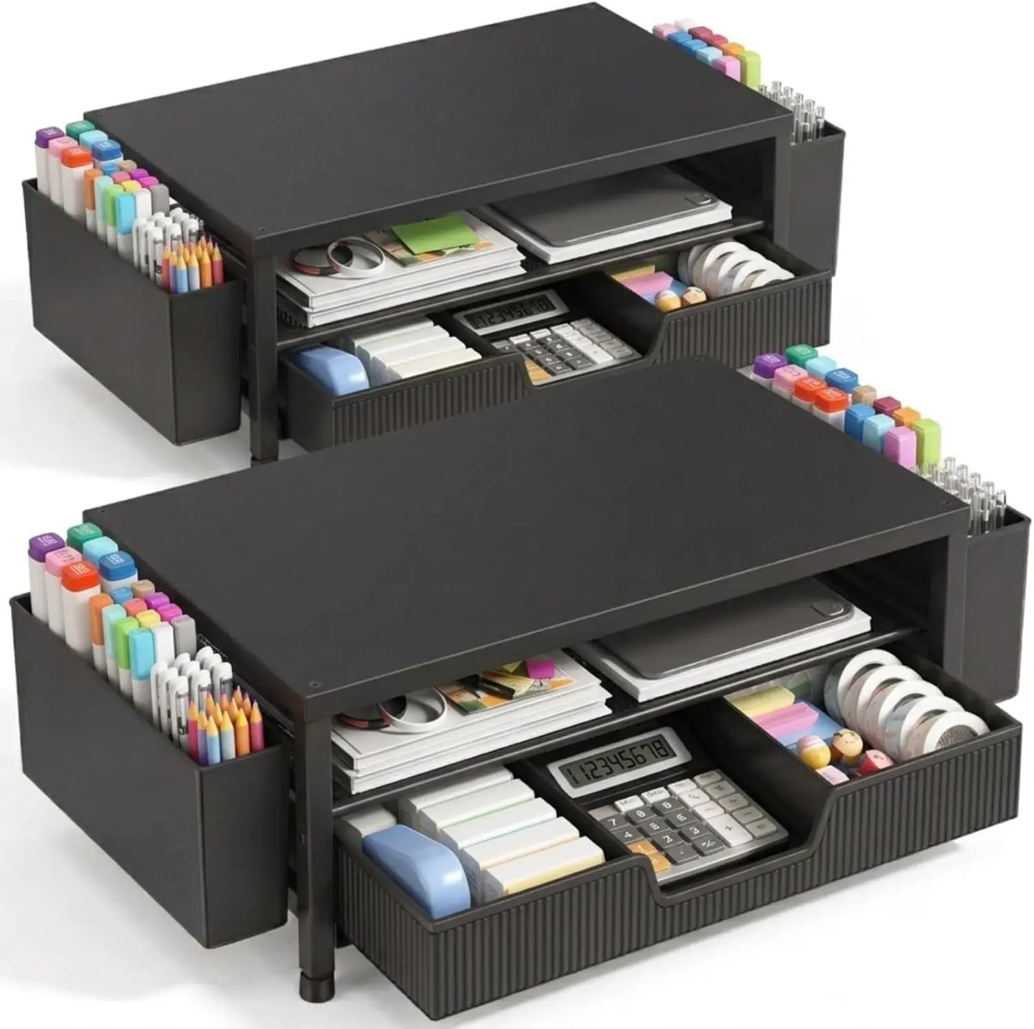 2-Tier Computer Monitor Stand Riser with Storage Drawer and 2 Pen Holders, Laptop and Printer Stand for Desktop, Workspace Organizer for Office Supplies, Black 2-Pack