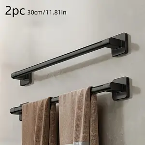 2pcs Modern Bathroom Towel Rack, No-Drill Wall-Mounted Storage Shelf, Black Single Bar Towel Holder, Strong Load Capacity for Towels and Washcloths, Space-Saving Organizer, Home Kitchen Supplies, Bathroom Accessories, Towel Racks