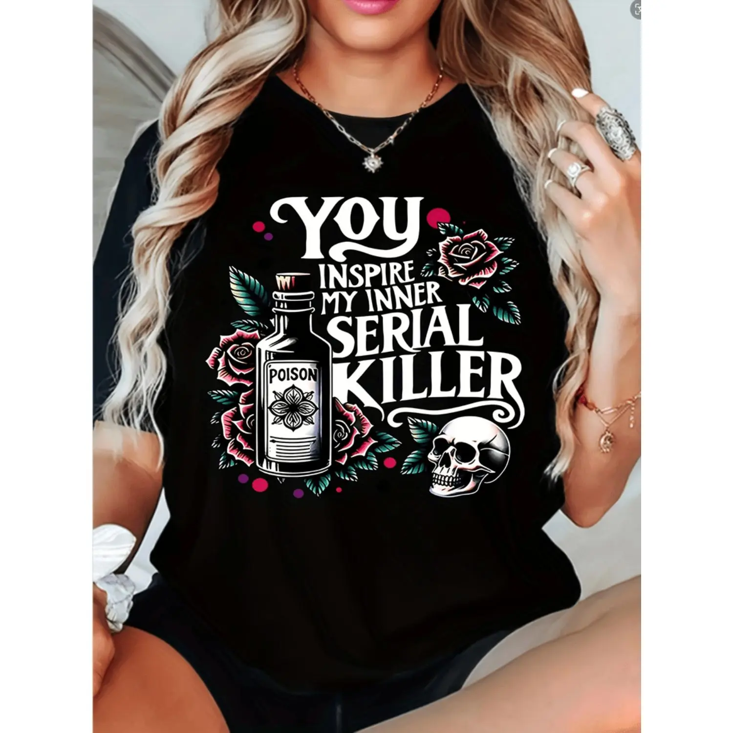 Women's Oversized Funny Graphic T-Shirt - Edgy Skull Roses Print, Short Sleeve Crew Neck Streetwear Top, Casual Style Black Plus Size Shirt for Spring Summer Wear