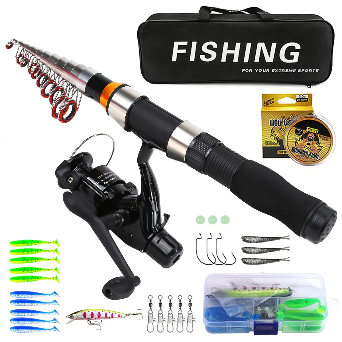 Complete Baitcasting Fishing Set, Lightweight Rod Reel Line Lure Bag, Ideal for Beginners Gift, Full Kit for Outdoors, Fishing Gear Set, Spinning Fishing Reel, Fishing Tackle Kit, Fishing Combo