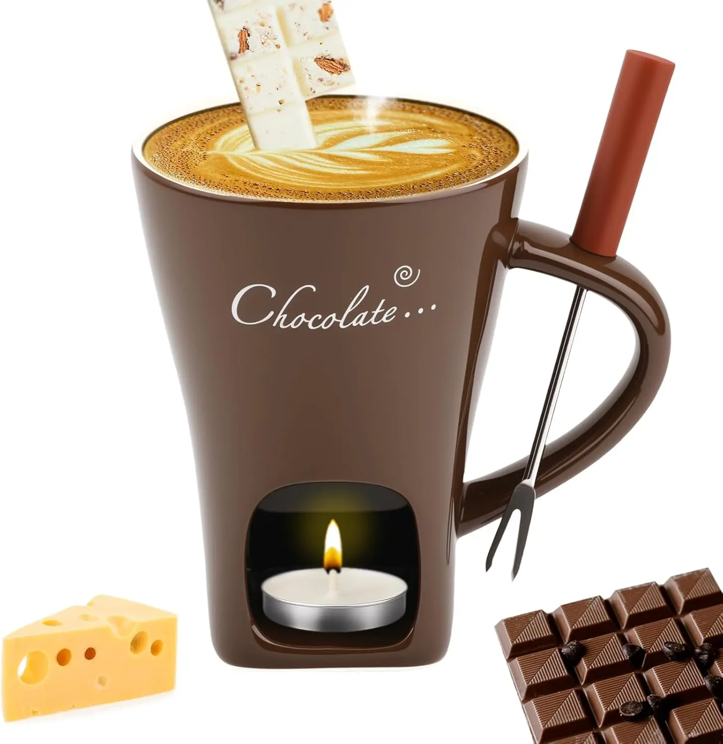 Fondue Mug with Forks Chocolate Melting Cup Ceramic Mini Tealight Pot for Cheese Candy Coffee Warmer Camping Date Movie Night Birthday Wedding Desserts (Chocolate)