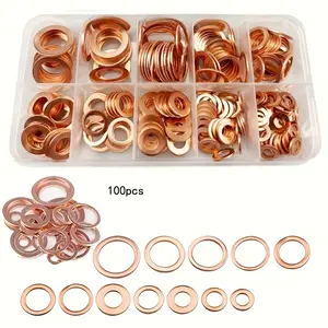 100pcs Copper Sealing Gasket Master Kit - Push Rod Tube Seal Assortment with Flat Ring Seals, Nuts, and Bolts - Complete Set in Sturdy Box for Various Applications