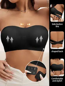 Women's Wireless Strapless Bra with Side Buckle Design, Casual Fitted Style, Thin Padding, No Steel Cup, All Seasons Wear, Daily Underwear, Casual Comfy Bras