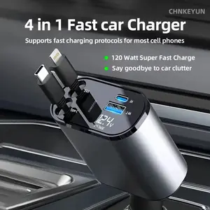 120W Retractable 4-in-1 Car Charging Cable & 4-Port Adapter for iPhone Galaxy Pixel Safe Reliable Car Plug Carcharger with Dual Type-C Cables and Ultra-Fast Charging for Laptops