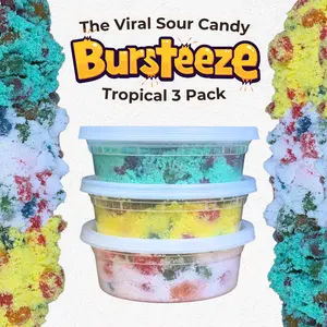 Candeeze Bursteeze Tropical 3-Pack Sampler - Bahama Blast, Pineapple, Coconut - Sweet, Sour, Extreme Sour - TikTok Trending Candy - Made in USA