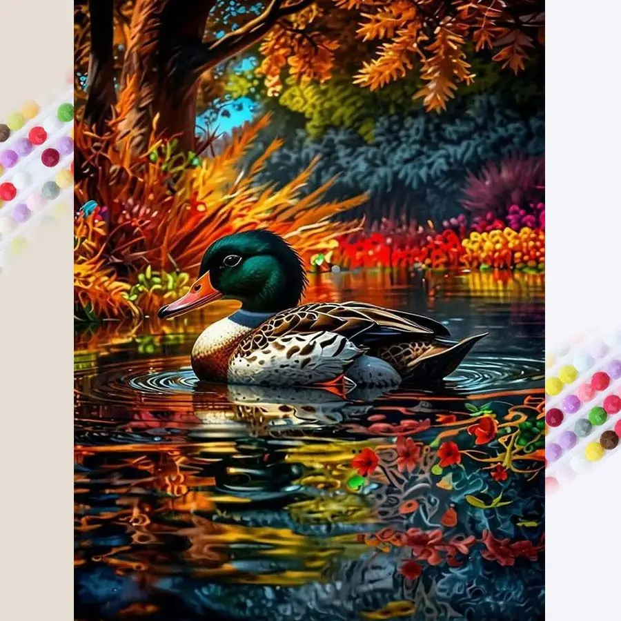 1pcs 5D DIY diamond painting kit, 5D diamond art set, DIY Craft decoration, duck, lake, autumn scenery, full round diamond DIY mosaic, diamond art, Diamond Art Tools, DIY home decoration, suitable for Halloween and Christmas.
