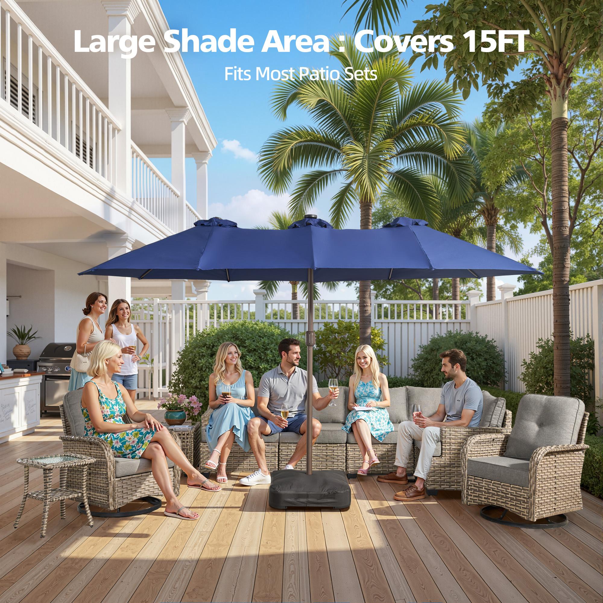 CAODOC 15FT Large Outdoor Patio Umbrella With Base, Rectangular Market Table Sun Parasol Umbrella, Crank, Steel Ribs and Pole for Garden, Backyard,Sand, Pool,Summervibes
