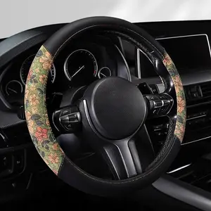 1Pc Floral Print Nappa Leather Car Steering Wheel Cover, Non-Slip and Durable, Anti-Fading, Suitable for All Seasons, Suitable for Vehicles, Transparent Texture, No Inner Ring, Car Accessories