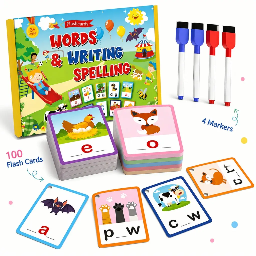 CVC Words Flash Cards for Kids, Preschool Phonics Learning Toy with Dry Erase Markers, Word Spelling Reading Practice Cards, Kindergarten Learning Activities for Toddlers Ages 3-6, Montessori Educational Flash Card Game, Homeschool Teaching Tool